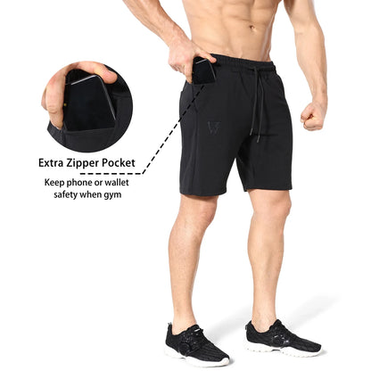 Men's Cotton Athletic Gym Shorts with Hidden Zipper Pockets - Black Running Shorts (Medium)