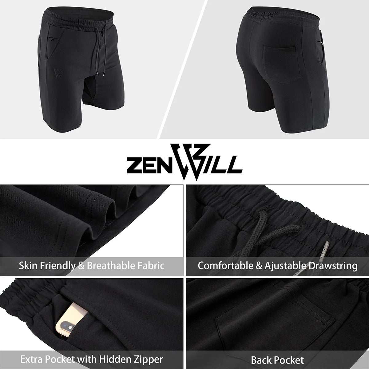 Men's Cotton Athletic Gym Shorts with Hidden Zipper Pockets - Black Running Shorts (Medium)