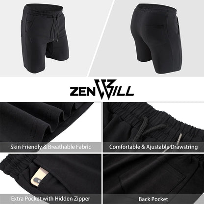 Men's Cotton Athletic Gym Shorts with Hidden Zipper Pockets - Black Running Shorts (Medium)