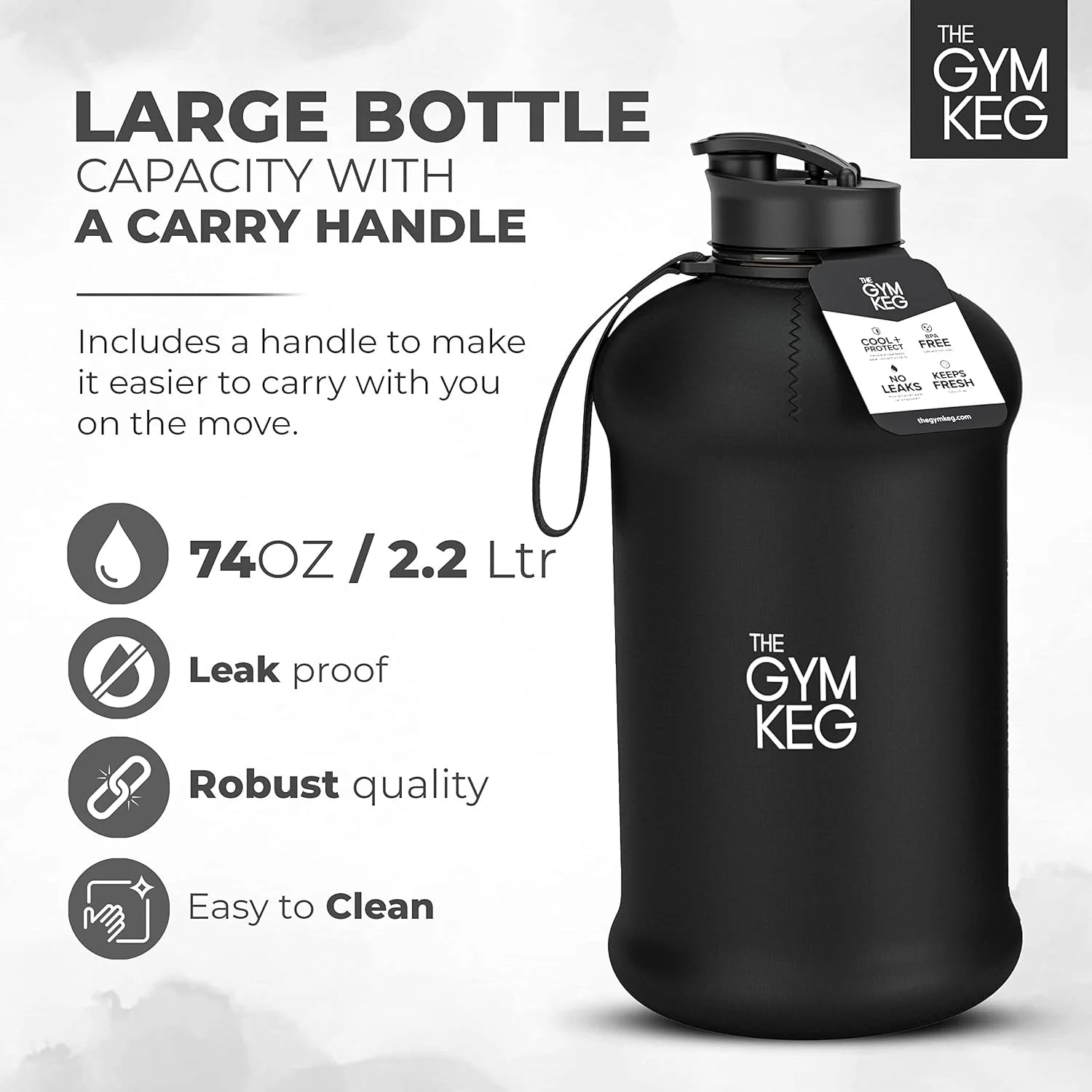 Stay Hydrated in Style: 74Oz Half Gallon Water Bottle - Leakproof, Eco-Friendly Tritan BPA-Free - Stealth Black with Convenient Carry Handle