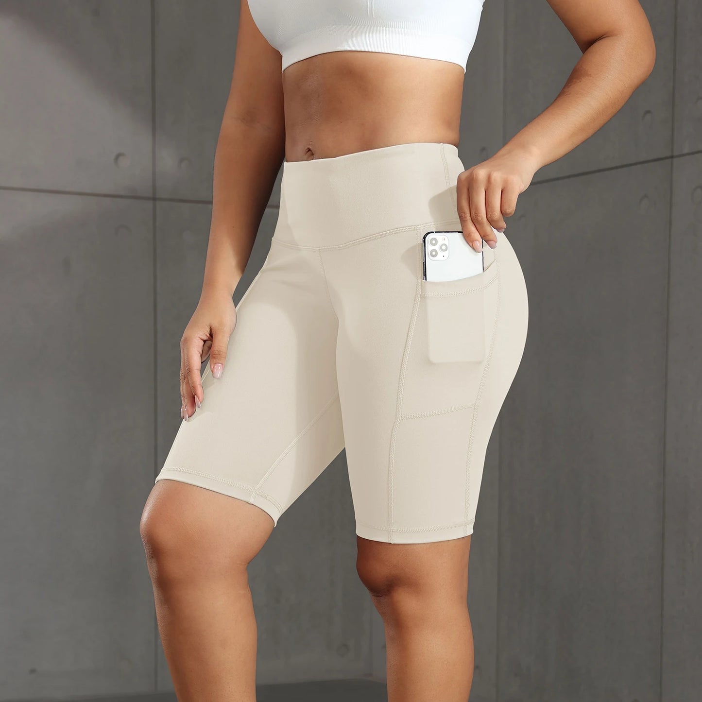 Women Solid Yoga Shorts with 3 Pockets High Waist Butt Lifting Workout Tights Gym Elastic Cycling Shorts Activewear