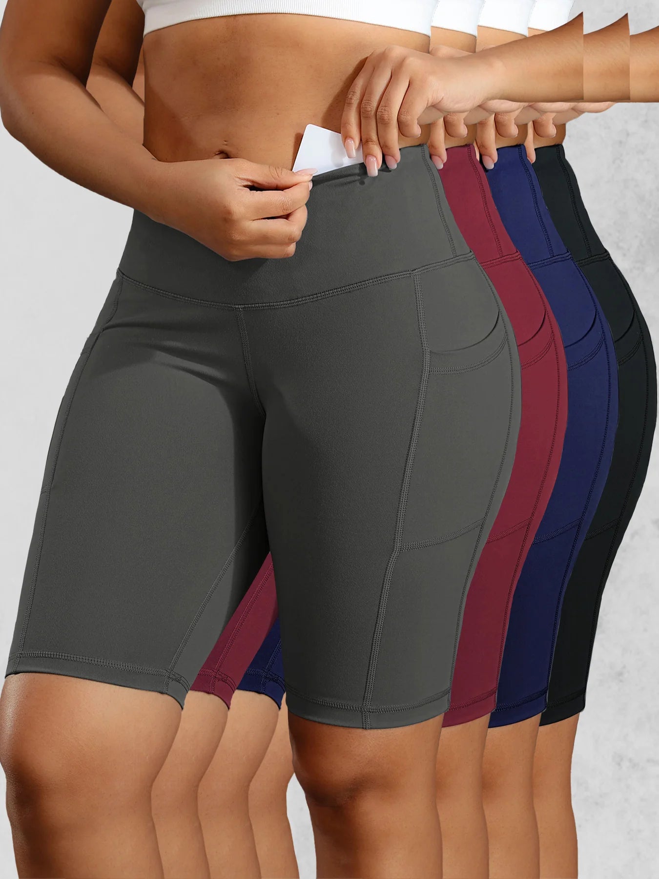 Women Solid Yoga Shorts with 3 Pockets High Waist Butt Lifting Workout Tights Gym Elastic Cycling Shorts Activewear