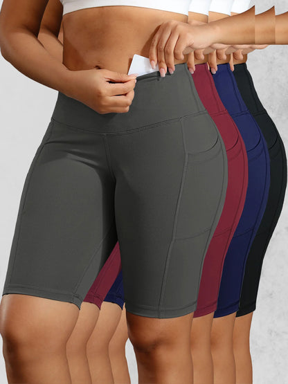 Women Solid Yoga Shorts with 3 Pockets High Waist Butt Lifting Workout Tights Gym Elastic Cycling Shorts Activewear