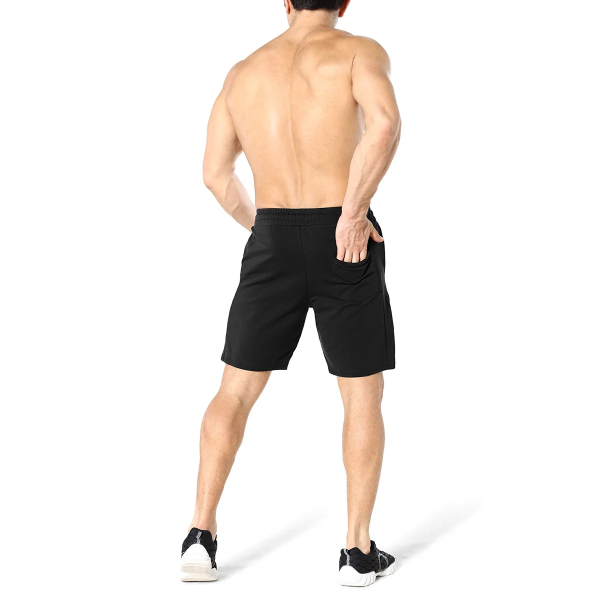 Men's Cotton Athletic Gym Shorts with Hidden Zipper Pockets - Black Running Shorts (Medium)