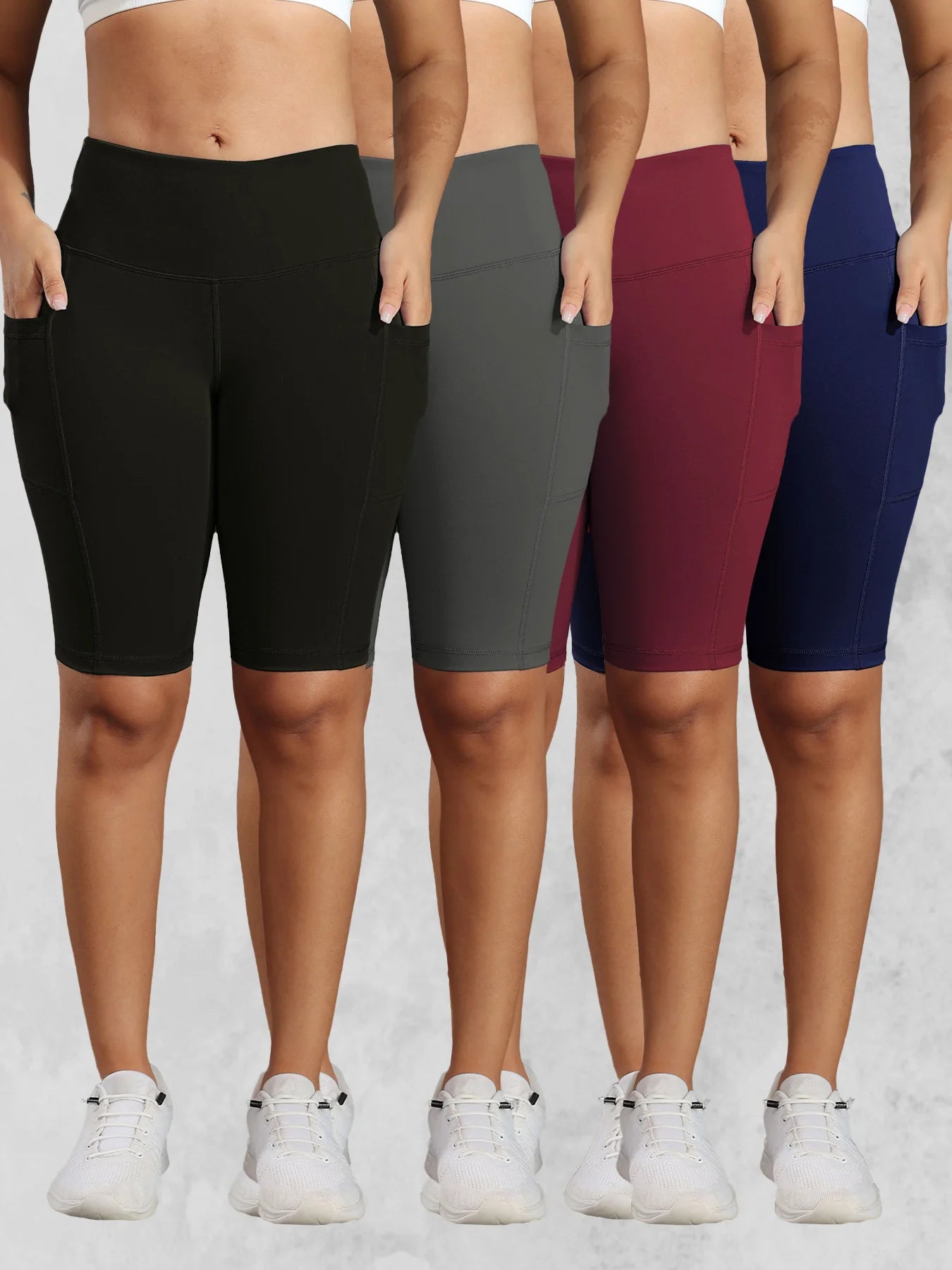 Women Solid Yoga Shorts with 3 Pockets High Waist Butt Lifting Workout Tights Gym Elastic Cycling Shorts Activewear
