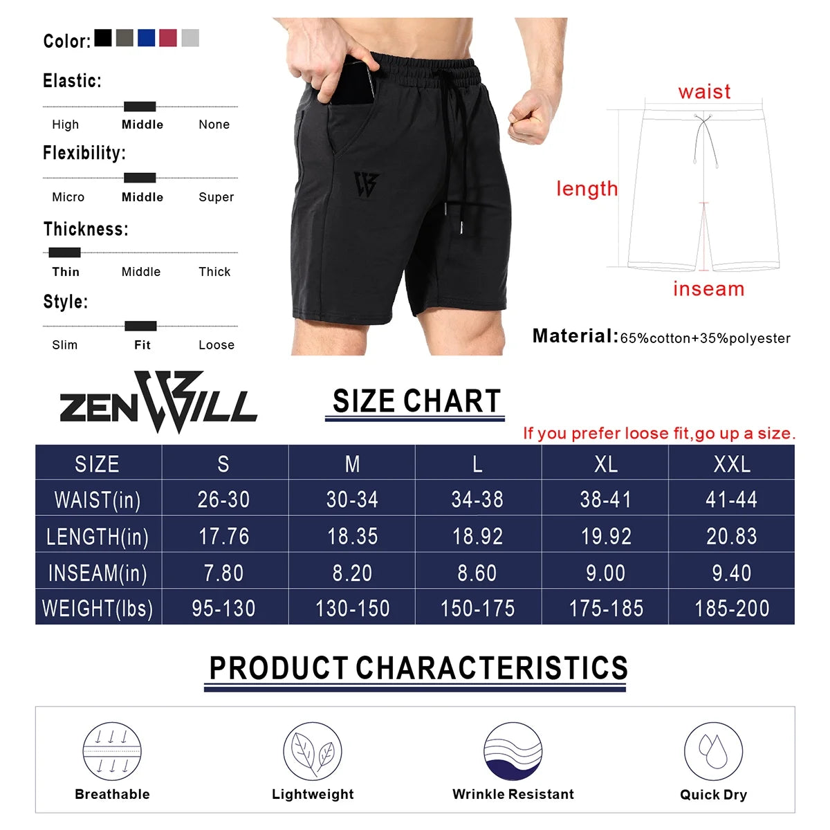 Men's Cotton Athletic Gym Shorts with Hidden Zipper Pockets - Black Running Shorts (Medium)