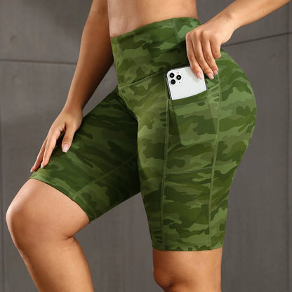 Women Solid Yoga Shorts with 3 Pockets High Waist Butt Lifting Workout Tights Gym Elastic Cycling Shorts Activewear