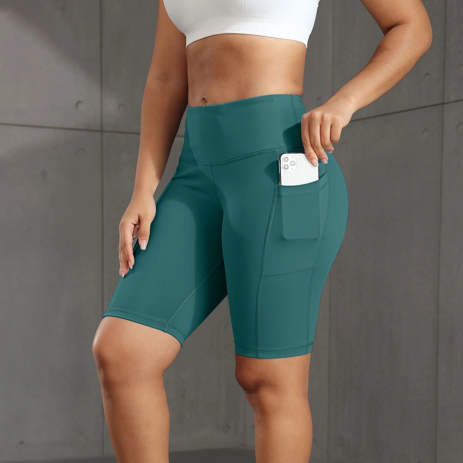 Women Solid Yoga Shorts with 3 Pockets High Waist Butt Lifting Workout Tights Gym Elastic Cycling Shorts Activewear