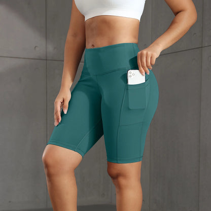 Women Solid Yoga Shorts with 3 Pockets High Waist Butt Lifting Workout Tights Gym Elastic Cycling Shorts Activewear