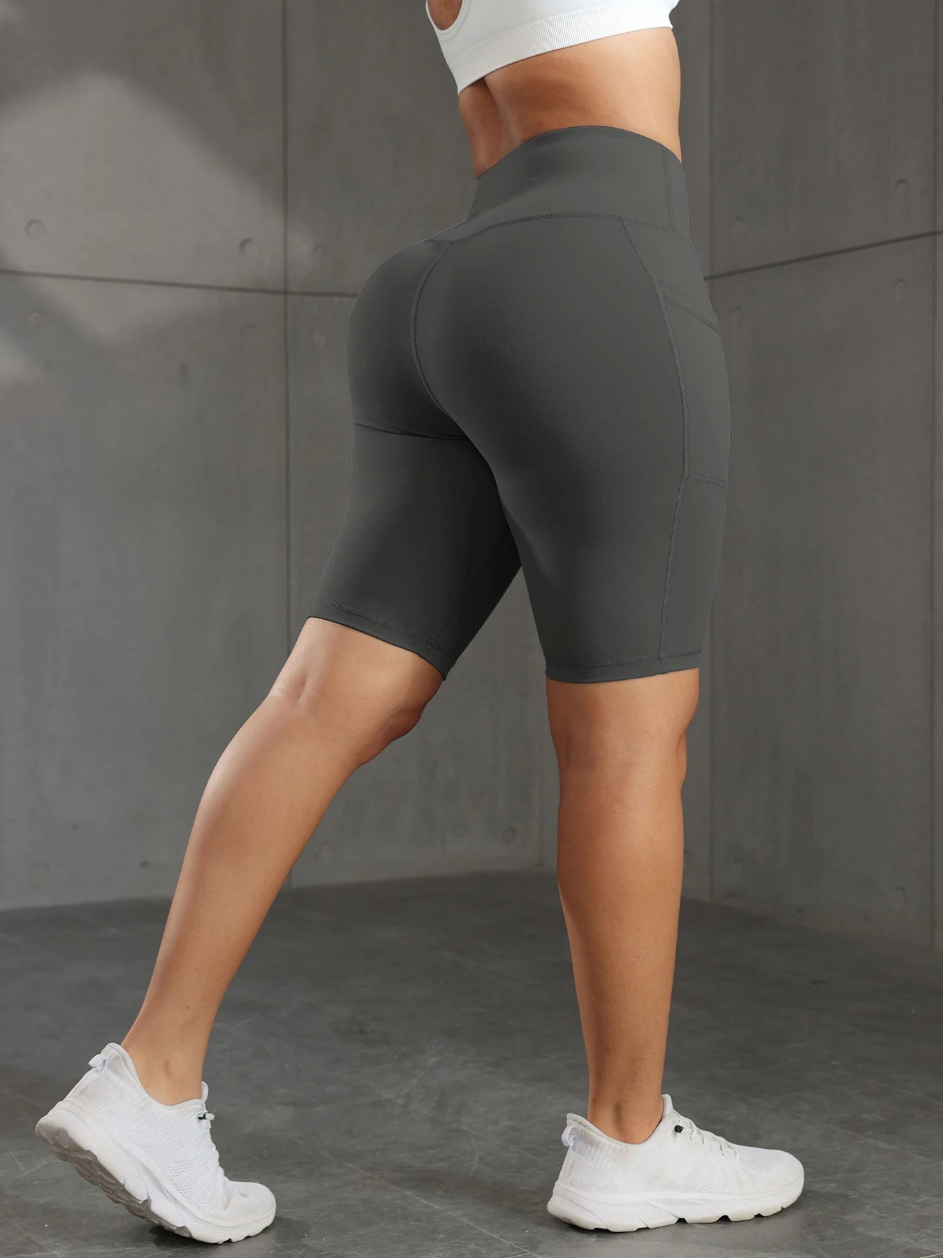 Women Solid Yoga Shorts with 3 Pockets High Waist Butt Lifting Workout Tights Gym Elastic Cycling Shorts Activewear