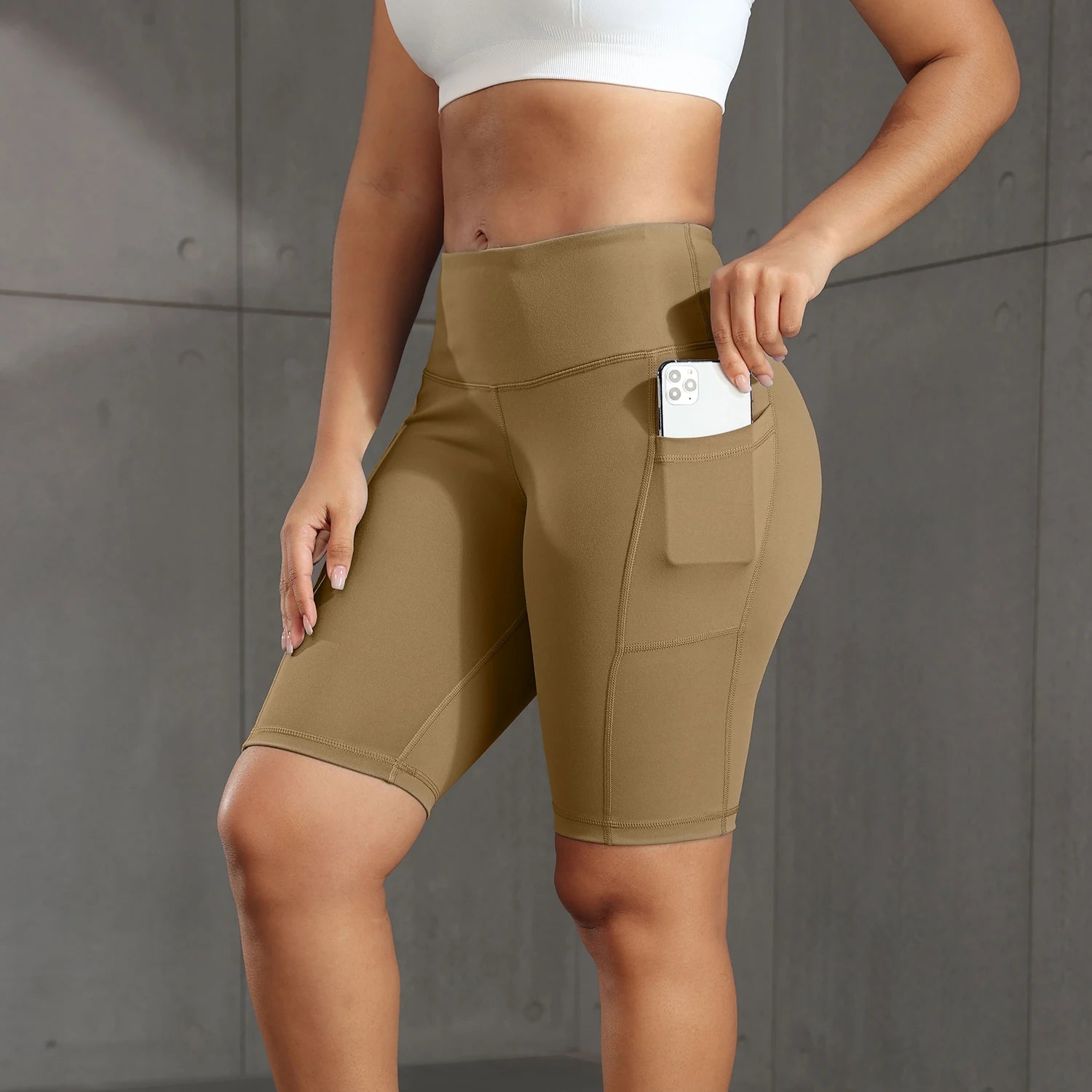 Women Solid Yoga Shorts with 3 Pockets High Waist Butt Lifting Workout Tights Gym Elastic Cycling Shorts Activewear