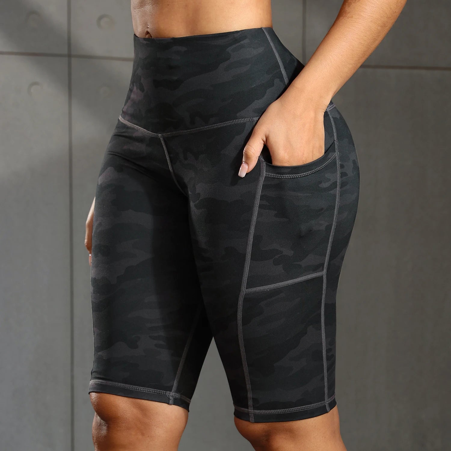 Women Solid Yoga Shorts with 3 Pockets High Waist Butt Lifting Workout Tights Gym Elastic Cycling Shorts Activewear