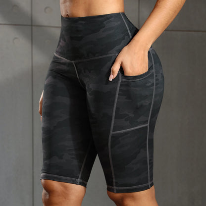 Women Solid Yoga Shorts with 3 Pockets High Waist Butt Lifting Workout Tights Gym Elastic Cycling Shorts Activewear