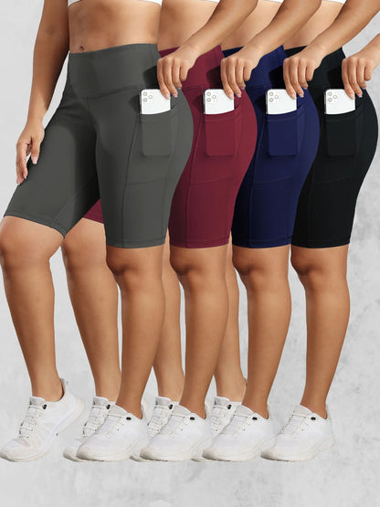 Women Solid Yoga Shorts with 3 Pockets High Waist Butt Lifting Workout Tights Gym Elastic Cycling Shorts Activewear