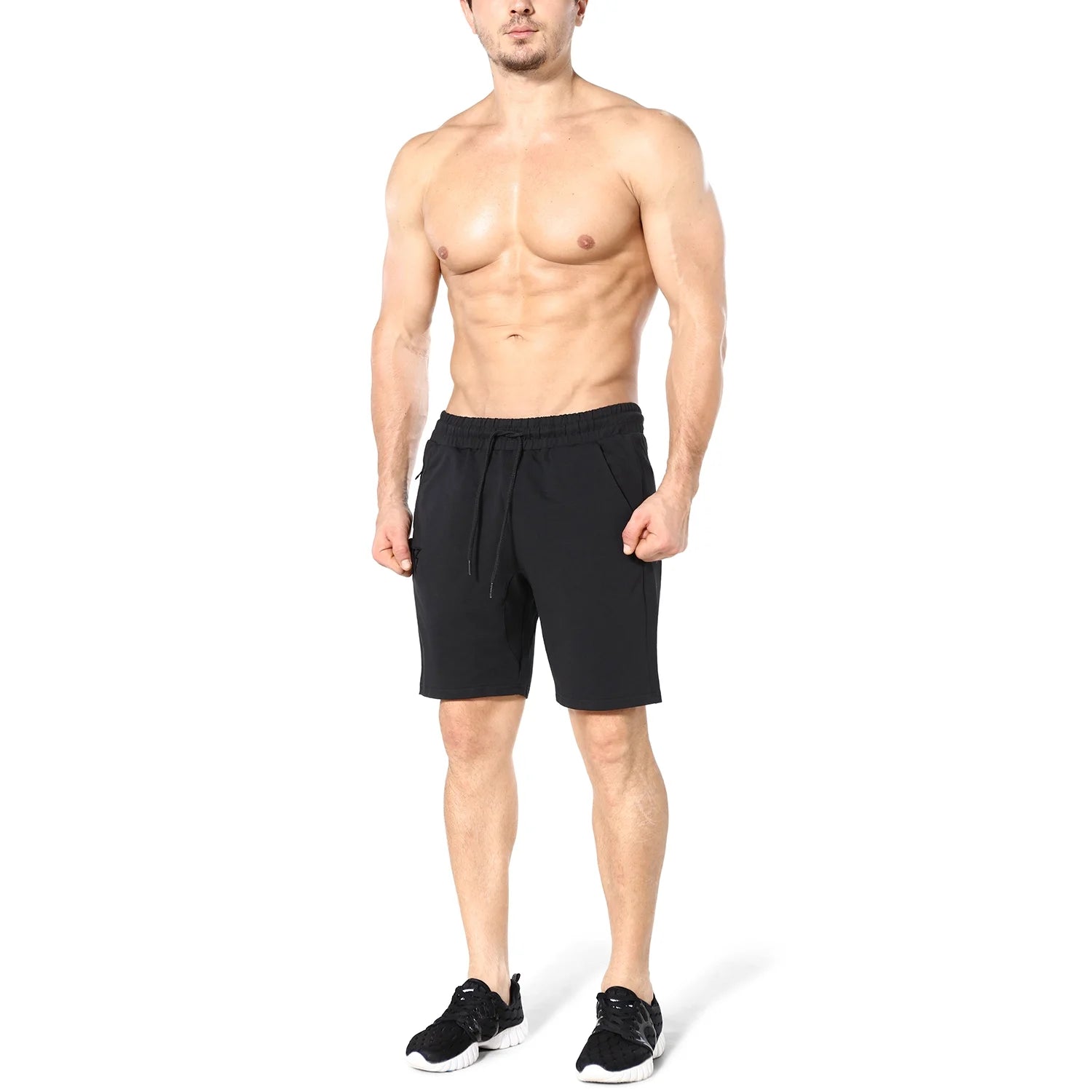 Men's Cotton Athletic Gym Shorts with Hidden Zipper Pockets - Black Running Shorts (Medium)
