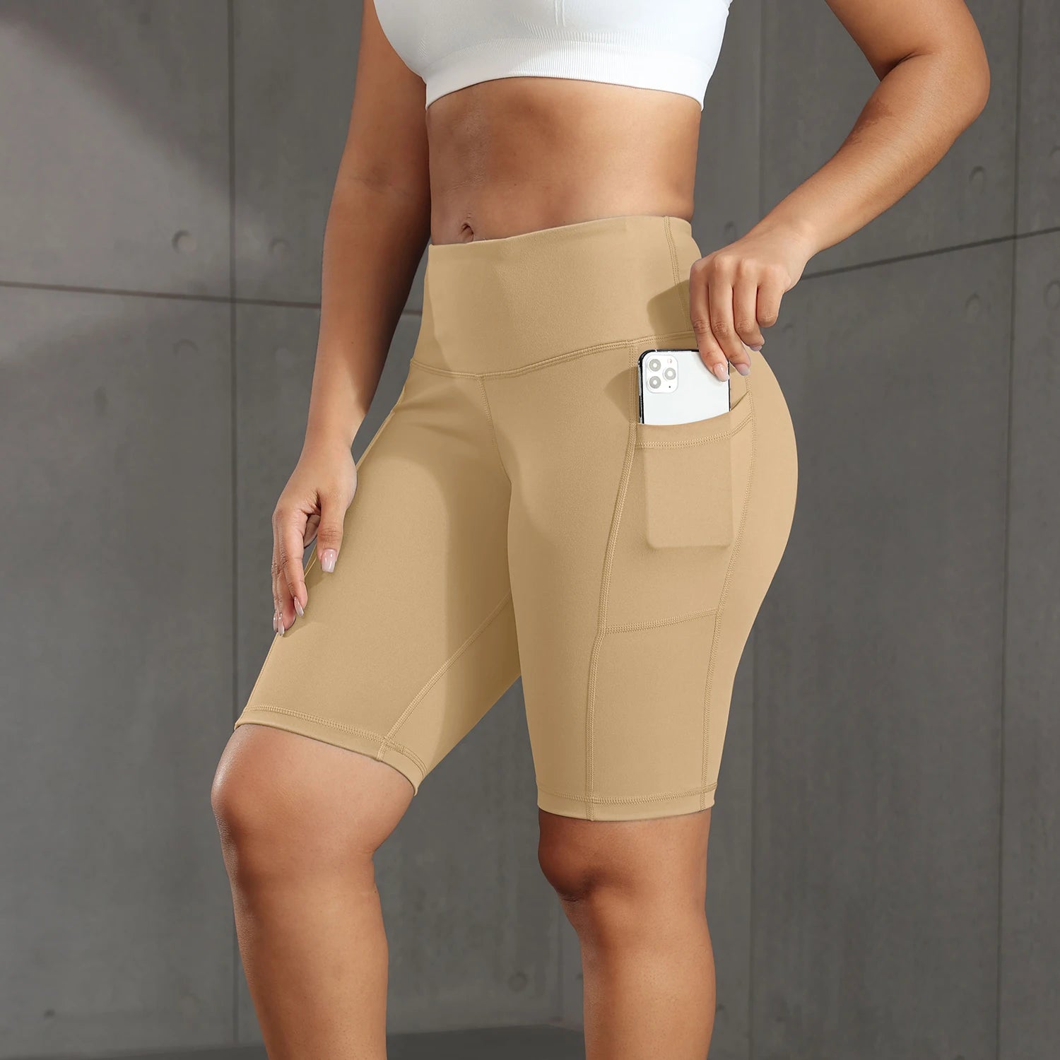 Women Solid Yoga Shorts with 3 Pockets High Waist Butt Lifting Workout Tights Gym Elastic Cycling Shorts Activewear
