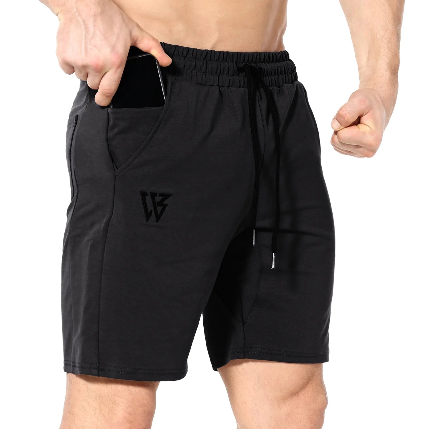 Men's Cotton Athletic Gym Shorts with Hidden Zipper Pockets - Black Running Shorts (Medium)